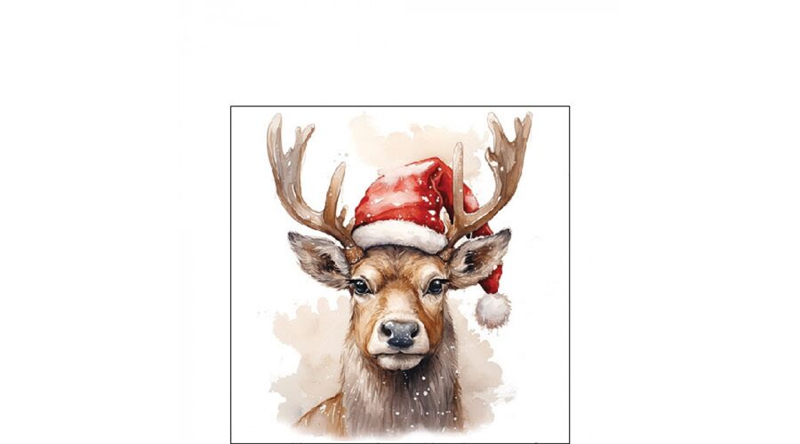 AMB.32520280 Deer with Santa hat white papírszalvéta 25x25cm