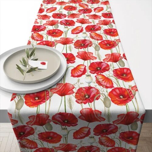 Asztali futó 40x150cm, 100% pamut, Poppy All Over White