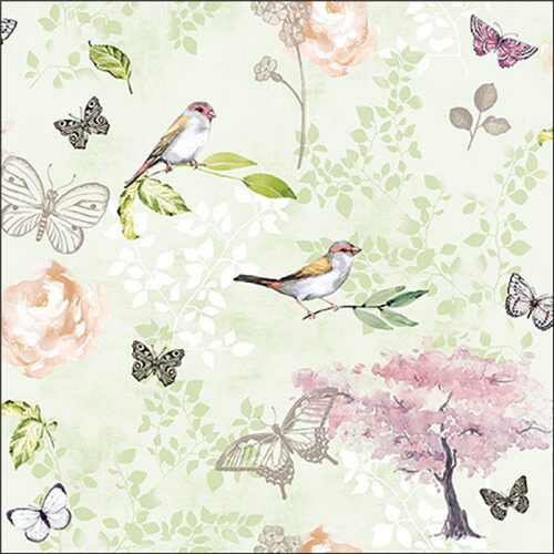 Birds and butterflies green, papírszalvéta 33x33cm, 20db-os