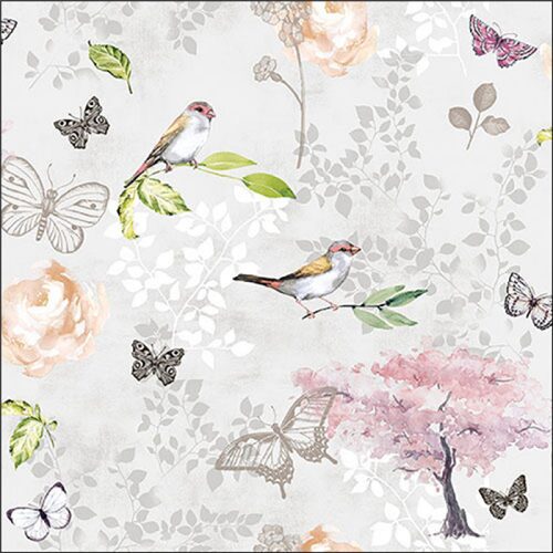 Birds and butterflies grey, papírszalvéta 33x33cm, 20db-os