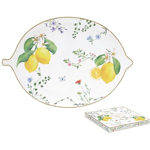Citromformájú porcelántálca 25x18cm, dobozban, Fleurs et Citrons