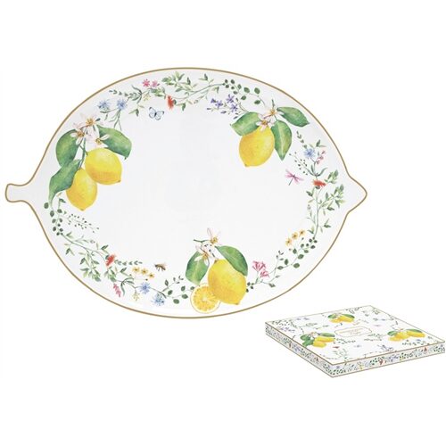 Citromformájú porcelántálca 30x21,5cm, dobozban, Fleurs et Citrons