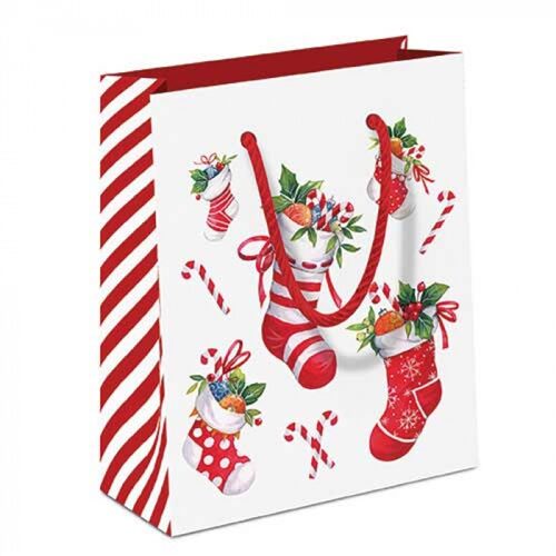 Papír ajándéktáska X-mas stockings white, 22x13x25cm