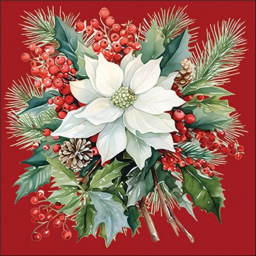 Papírszalvéta Poinsettia bouquet red 33x33cm, 20db-os