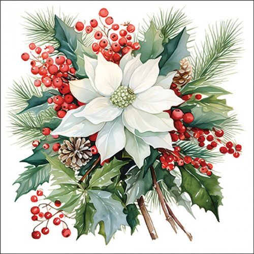 Papírszalvéta Poinsettia bouquet white 33x33cm, 20db-os