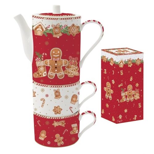 Porcelán bögreszett 2 db, 240ml, teáskannával 500ml, egymásba sorolós, dobozban, Fancy Gingerbread
