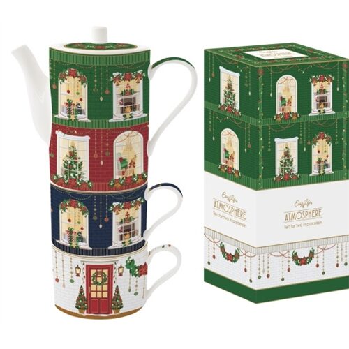 Porcelán bögreszett 2 db, 240ml, teáskannával 500ml, egymásba sorolós, dobozban, Festive Avenue, Atmosphere