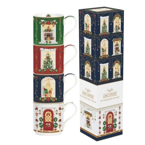 Porcelán bögreszett 4 db-os, 275ml, egymásba sorolós, dobozban, Festive Avenue, Atmosphere
