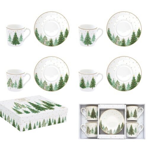 Porcelán eszpresszócsésze+alj 4 személyes, 100ml, dobozban, Festive Trees