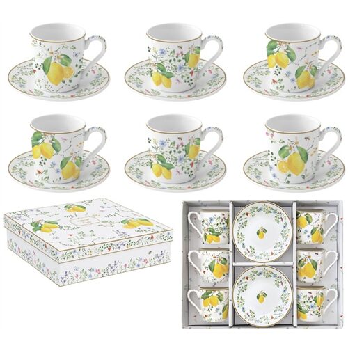 Porcelán eszpresszócsésze+alj 6 személyes, 100ml, dobozban, Coffee Mania, Fleurs et Citrons