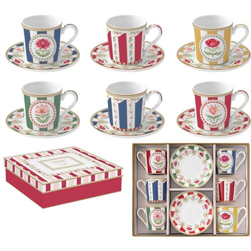 Porcelán eszpresszócsésze+alj 6 személyes, 100ml, dobozban, Coffee Mania, Flowery