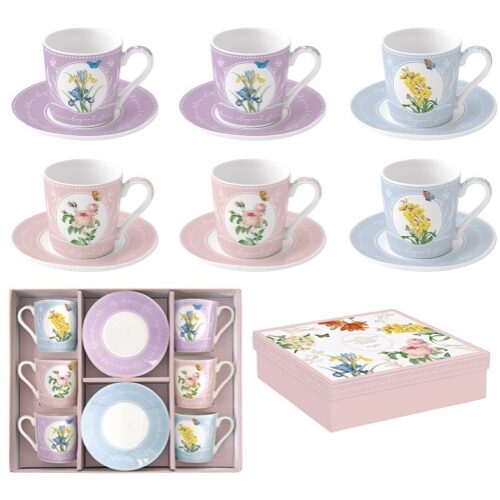 Porcelán eszpresszócsésze+alj 6 személyes, 100ml, dobozban, Coffee Mania, Royal Blossom