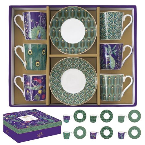 Porcelán eszpresszócsésze+alj 6 személyes, 100ml, dobozban, Imperial Peacock, Coffee Mania