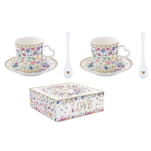 Porcelán eszpreszócsésze+alj, 2 személyes, 100ml, porcelánkanállal, dobozban,Mon Amour