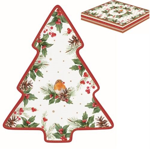 Porcelán fenyőtálca 20,5x25,5cm, dobozban, Christmas Berries