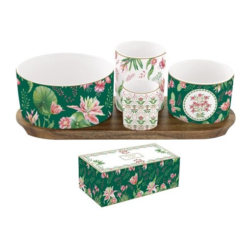 Porcelán kínálótálka szett 4db-os(dia:12/8/6,5/4,5cm), akácfa tálcán 29x13cm, dobozban, Botanic Chic