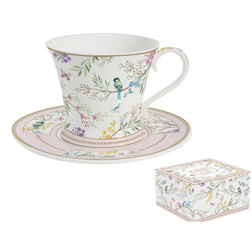 Porcelán reggelizőcsésze+alj 350ml, dobozban, Birds Melody
