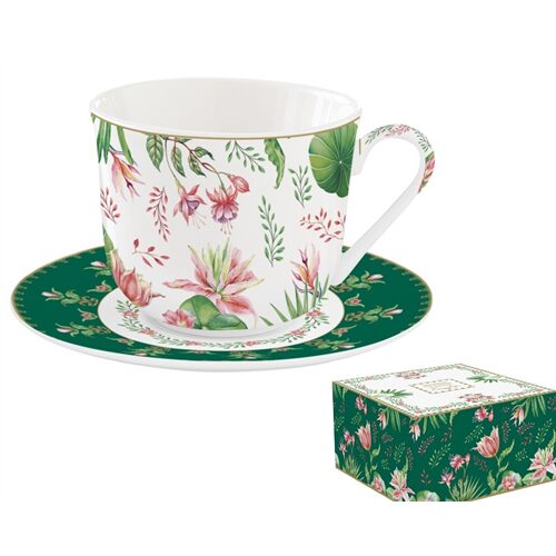 Porcelán reggelizőcsésze+alj 370ml dobozban, Botanic Chic