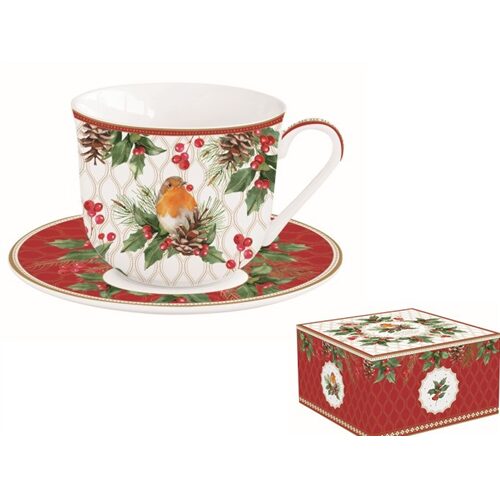 Porcelán reggelizőcsésze+alj 370ml dobozban, Christmas Berries