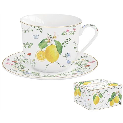 Porcelán reggelizőcsésze+alj 370ml dobozban, Fleurs et Citrons