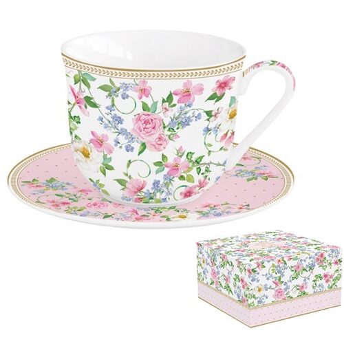 Porcelán reggelizőcsésze+alj 370ml dobozban, Garden Joy