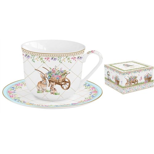 Porcelán reggelizőcsésze+alj 370ml dobozban, Spring Bloom