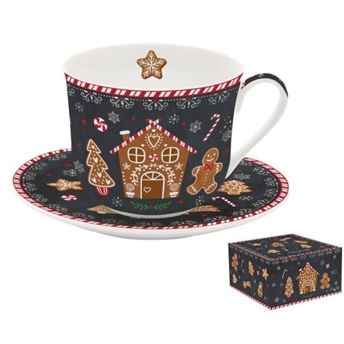 Porcelán reggelizőcsésze+alj, 400ml, dobozban, Gingerbread