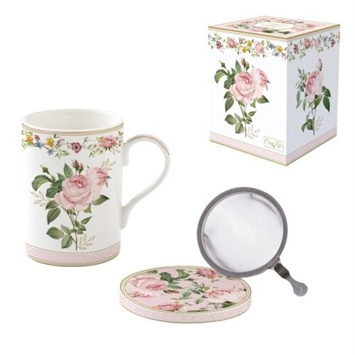 Porcelán szűrősbögre tetővel, 350ml, dobozban, Chant des Roses