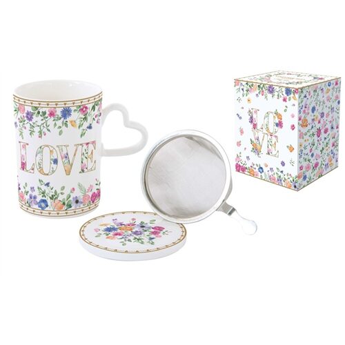 Porcelán szűrősbögre tetővel, 350ml, dobozban, Mon Amour