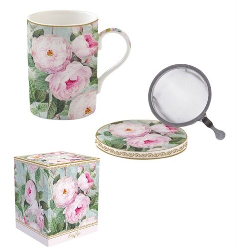 Porcelán szűrősbögre tetővel 350ml dobozban, Roses in Bloom