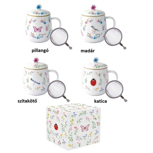 Porcelán szűrősbögre tetővel, 450ml, dobozban, Fancy Garden