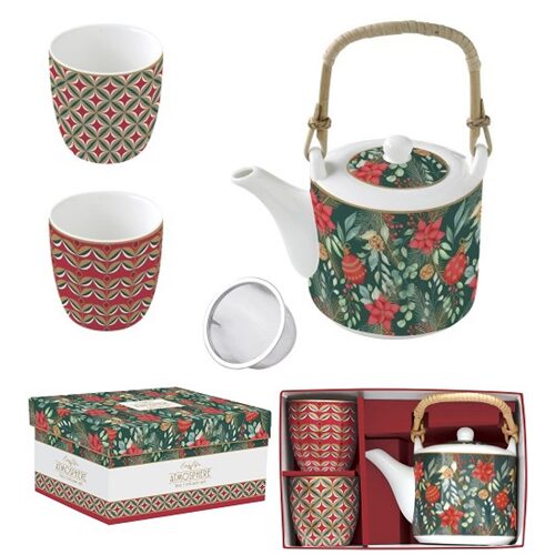 Porcelán teáskanna 600ml, fémszürővel, 2 porcelánpohárral 160ml, dobozban, Atmosphere, Christmas Joy