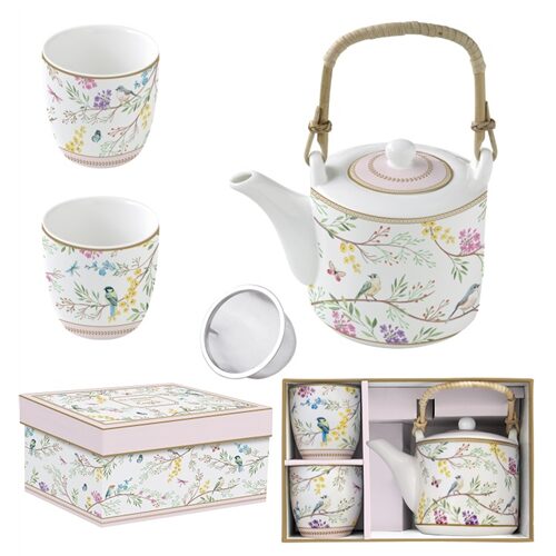 Porcelán teáskanna 600ml, fémszürővel, 2 porcelánpohárral 160ml, dobozban, Birds Melody