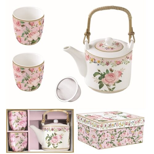 Porcelán teáskanna 600ml, fémszűrővel, 2 porcelánpohárral 160ml, dobozban, Chant des Roses