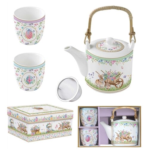 Porcelán teáskanna 600ml, fémszürővel, 2 porcelánpohárral 160ml, dobozban,Spring Bloom