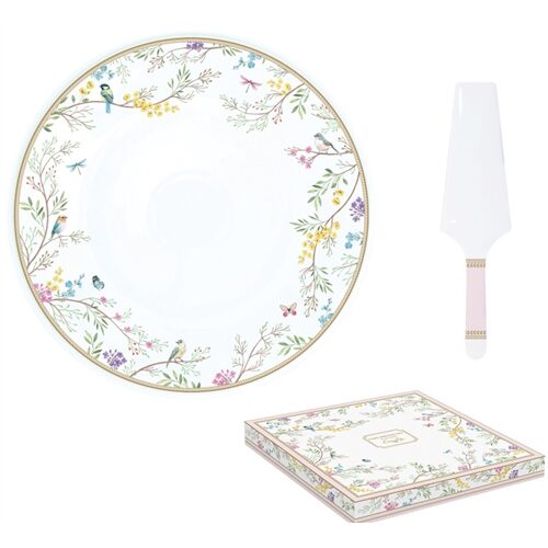Porcelán tortatál lapáttal, 32cm, dobozban, Birds Melody