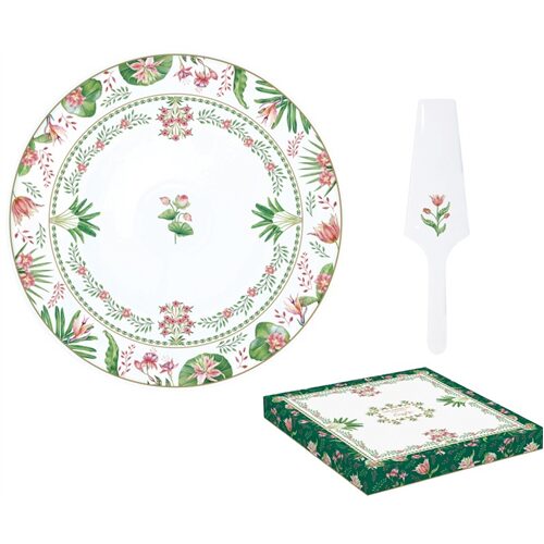 Porcelán tortatál lapáttal, 32cm, dobozban, Botanical Chic