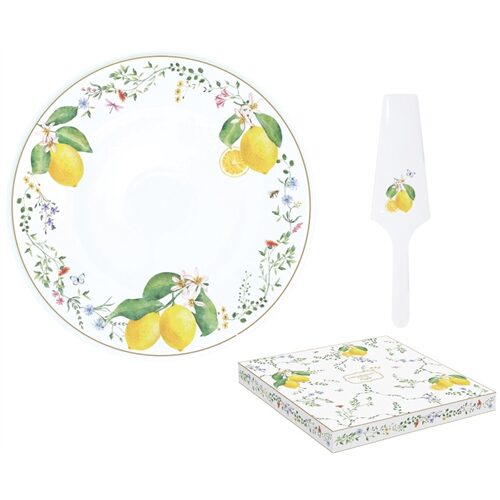 Porcelán tortatál lapáttal, 32cm, dobozban, Fleurs et Citrons