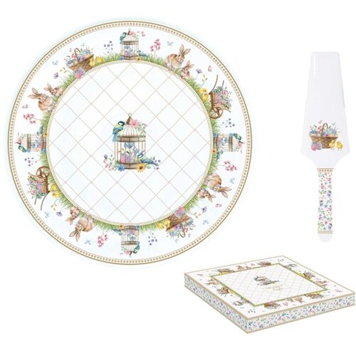 Porcelán tortatál lapáttal, 32cm, dobozban, Spring Bloom
