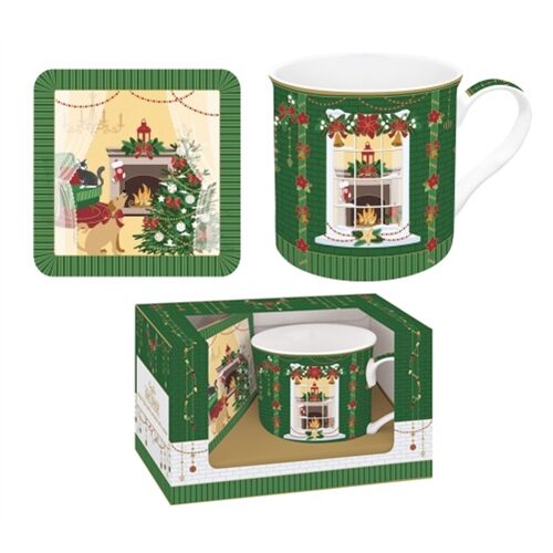 Porcelánbögre 300ml, parafa poháralátéttel, dobozban, Festive Avenue, Atmosphere