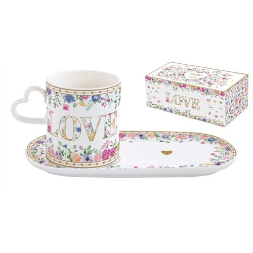 Porcelánbögre 320ml, porcelántálcán 23x12cm, dobozban,Mon Amour