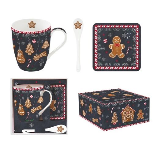 Porcelánbögre 350ml porcelánkanállal, parafa poháralátéttel, dobozban, Gingerbread
