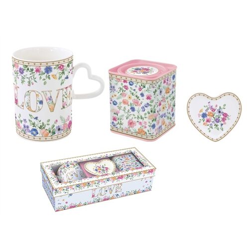 Porcelánbögre 350ml, +teafiltertartó 9x10cm+fémdoboz 7,5x7,5x9cm, ajándékszett dobozban, Mon amour