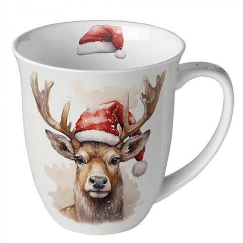 Porcelánbögre Deer with Santa hat white, 0,4l