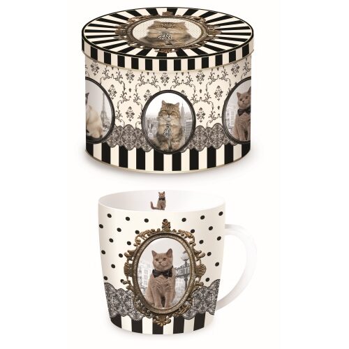 Porcelánbögre fémdobozban 250ml, Barokk, cica