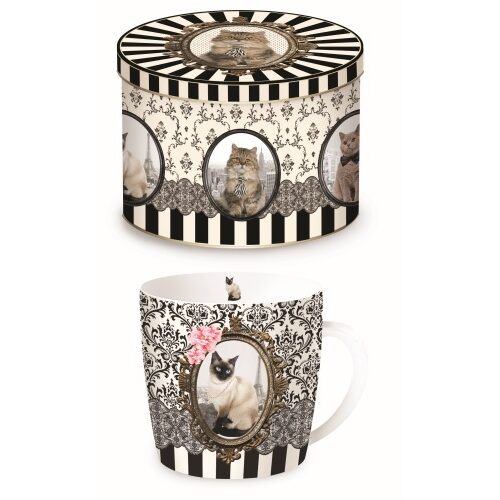 Porcelánbögre fémdobozban 250ml, Barokk, cica