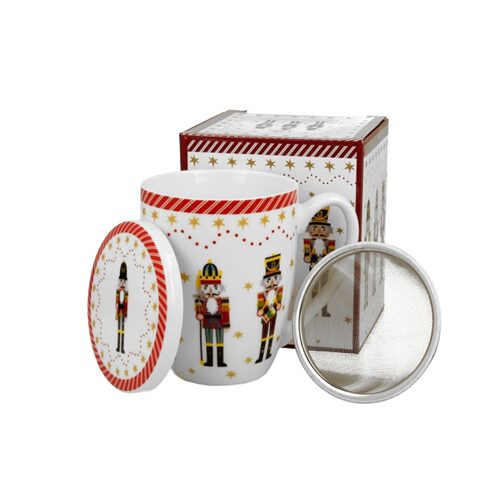 Porcelánbögre tetővel, fémszűrővel, 360ml, dobozban, Christmas Nutcracker