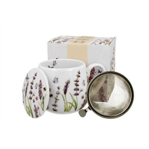 Porcelánbögre tetővel, fémszűrővel, 400ml, dobozban, Classic Lavender