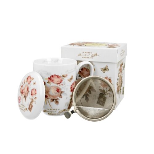 Porcelánbögre tetővel,fémszűrővel,380ml,dobozban,Secesja