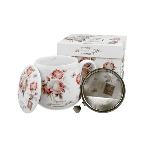 Porcelánbögre tetővel,fémszűrővel,400ml,Secesja